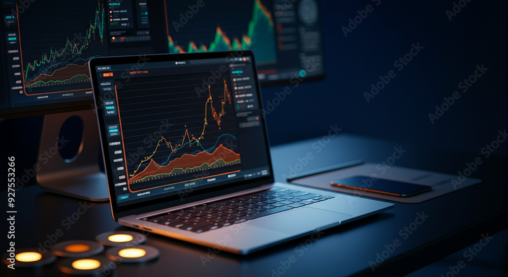 Aufkleber laptop with financial analysis and stock market data visualizations. digital data trends showcasing 