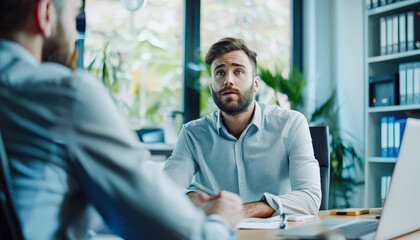 Obraz premium Two men are sitting at a desk, one of them wearing a tie. They are having a conversation, possibly in a business setting
