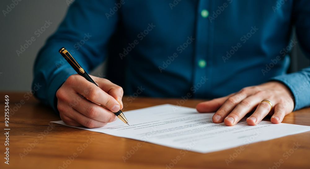 Poster Pen Writing on Paper with Businessman Hand in Focus. Close-Up of Document Signing and Professional Representation Emphasizing Ideal Writing Technique