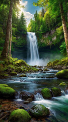 Fototapeta premium background view of a waterfall in the middle of a beautiful forest