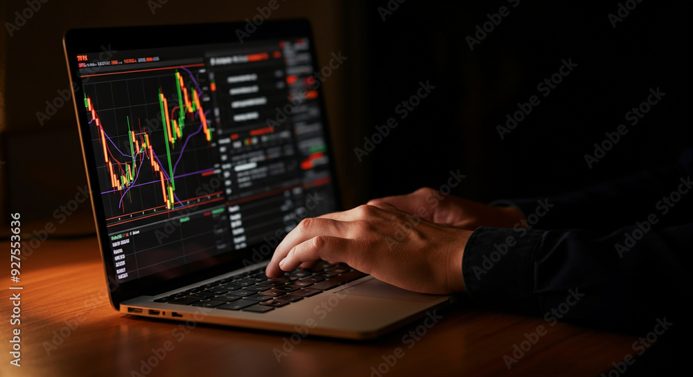 Aufkleber laptop with financial trading software on screen. close-up of hands typing on a laptop keyboard whil