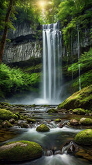 Fototapeta premium background view of a waterfall in the middle of a beautiful forest