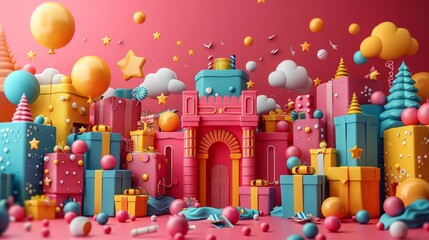 Illustration of a 3D render showing a digital shopping event with vibrant deals, background in festive, dynamic