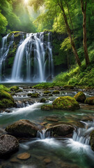 Fototapeta premium background view of a waterfall in the middle of a beautiful forest