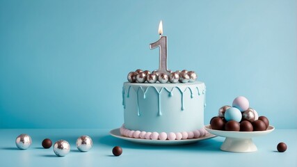 A first birthday cake with a lit candle and decorative chocolates on a blue background