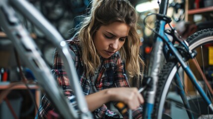 Adult female with bike tools, actively reconnecting the chain on her bicycle in a garage or street environment
