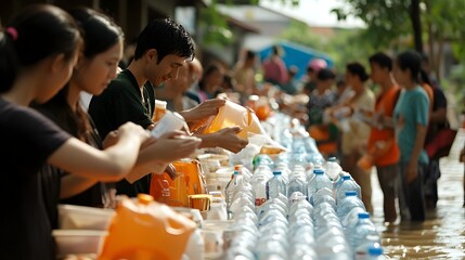 Compassionate Volunteers Providing Relief to Flood Victims at Emergency Shelter