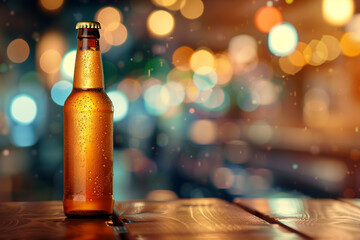 A beer bottle on a table in a bar at night time.