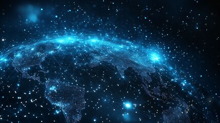 Obraz premium A glowing digital Earth viewed from space, showcasing interconnected global network connections and data flow, symbolizing worldwide technology and communication.