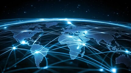Naklejka premium A digital representation of Earth's continents connected by glowing network lines, illustrating global connectivity and technological communication.