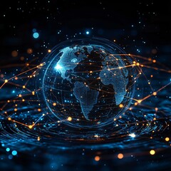 Obraz premium A futuristic depiction of Earth with glowing blue and orange network connections, symbolizing global communication, technology, and the interconnected digital world.