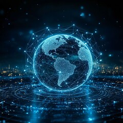 Obraz premium A futuristic digital depiction of Earth surrounded by a web of glowing blue network connections, representing global communication, technology, and interconnected systems.