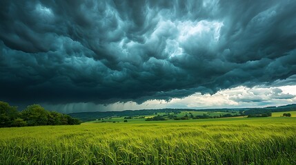 Dramatic storm clouds rolling over a serene rural landscape, with dark, brooding skies creating a powerful contrast against the lush green fields below