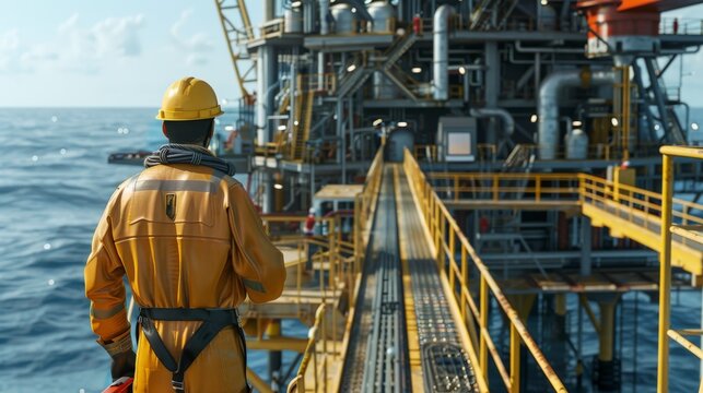 Worker in yellow safety suit on oil rig platform looking out at the ocean.