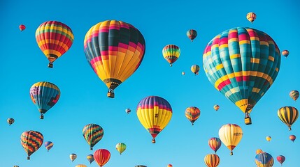 Obraz premium A sky filled with vibrant hot air balloons of all colors floating against a clear, bright blue sky, creating a scene of whimsy and freedom
