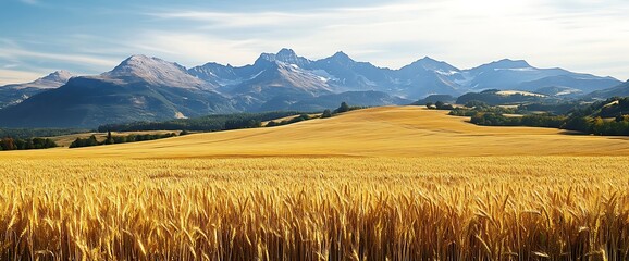 A golden wheat field stretches towards snow capped mountains under a blue sky.