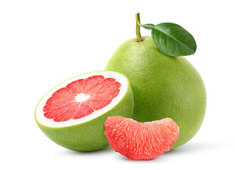 Red pomelo fruit with cut in half isolated on white background.Clipping path.