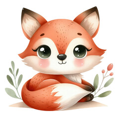 Baby fox sitting with plants, hand-drawn watercolor style clipart, isolated illustration, on a transparent background,