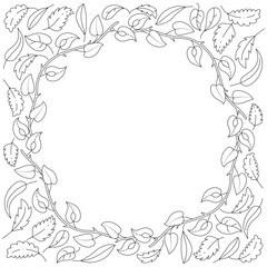 frame of autumn leaves. chestnut, rowan, aspen, oak, maple, doodle style. Hand drawn black and white isolated. Autumn leaves coloring page art therapy for children and adults.