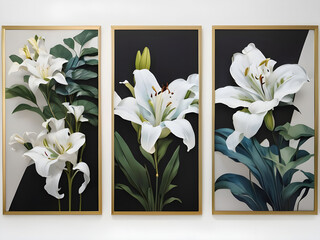 3 simple black frames with a white background white lily, three vertical wall art paintings with a black background