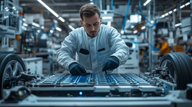 A worker in a white lab coat and black gloves works on the battery pack of an electric car on an assembly line.