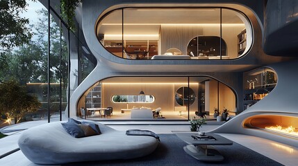 Fototapeta premium A futuristic smart home interior featuring sleek designs, integrated AI assistants, and cutting-edge technology for modern living