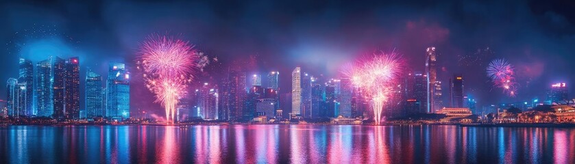 A fireworks display lighting up the night sky above a city skyline, capturing the excitement and celebration of nightlife events