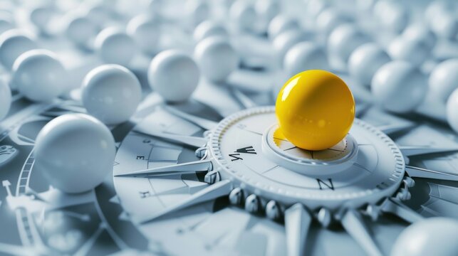 Yellow guiding sphere navigating a group of white spheres along a compass design, highlighting movement and direction