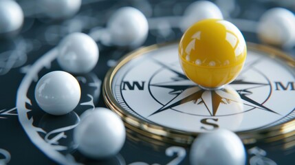 Yellow leader ball directing white spheres on a compass, with clear directional markings