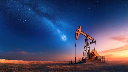 A remote desert oil field under a starry night sky with the Milky Way visible