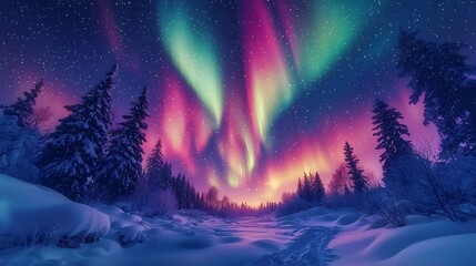 Fototapeta premium Dramatic Northern Lights illuminating a snowy landscape, with vibrant colors dancing across the night sky in a breathtaking natural display