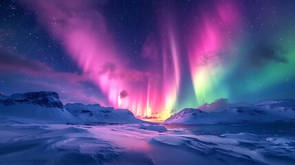 Naklejka premium Dramatic Northern Lights illuminating a snowy landscape, with vibrant colors dancing across the night sky in a breathtaking natural display