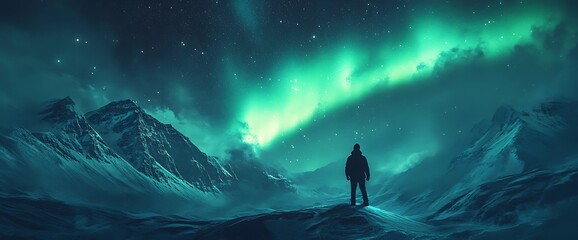 A lone figure stands silhouetted against a breathtaking display of the Northern Lights, casting a magical glow over a snowy mountain range.