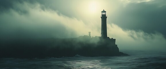 Fototapeta premium A lone lighthouse stands tall against a backdrop of thick fog and a stormy sea.