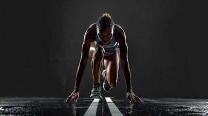 Professional female runner set to start, with a sleek black background
