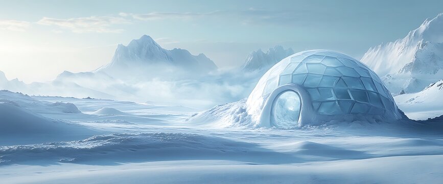 A lone igloo sits in a snowy landscape, surrounded by mountains in the distance.