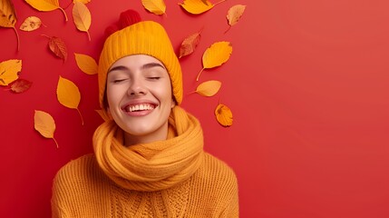 A happy woman wearing a yellow knit hat and scarf with a red pompom, smiles and looks at the camera with her eyes closed. The image has a red background and is decorated with autumn leaves.