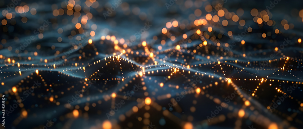 Aufkleber Abstract depiction of a digital network with glowing nodes interconnected by fine lines, representing data flow and connectivity.