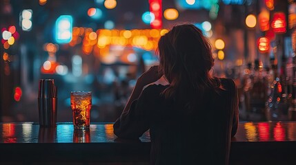 A person sitting alone at a bar, sipping a drink and lost in thought, capturing the contemplative moments that nightlife can offer