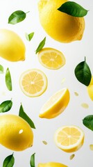 Flying fresh raw whole and sliced lemons with leaves on white background