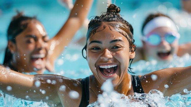 Excited female swimmer in the water, smiling and cheering with teammates at a swim meet