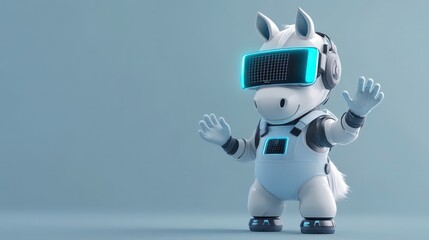A white robotic horse wearing VR headset and gloves is standing on a blue background.