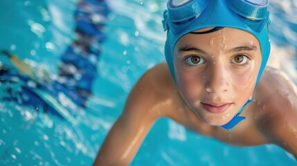 Young boy swimmer preparing to dive off the starting block into the pool