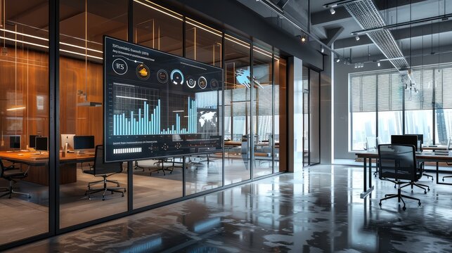 business data statistics virtual display on modern office glass wall