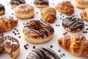 Assortment of Delicious Donuts and Croissants on a White Background