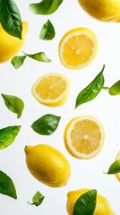Flying fresh raw whole and sliced lemons with leaves on white background