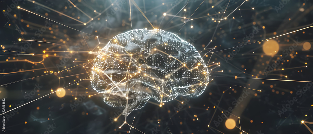 Poster A digital brain illuminated with glowing neural connections, symbolizing the advanced integration of artificial intelligence and neural networks.