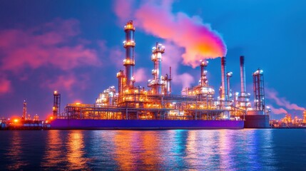 Obraz premium An oil refinery lit up at night, with a colorful display of lights and smoke against a dark sky