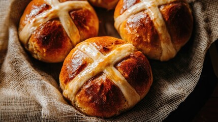 An overhead shot of golden-brown hot cross buns, fresh out of the oven, set on a table as a traditional Easter snack.