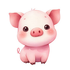 Cute watercolor digital illustration of a pink cartoon pig with big eyes, blushing cheeks, and a happy expression, for book kids.